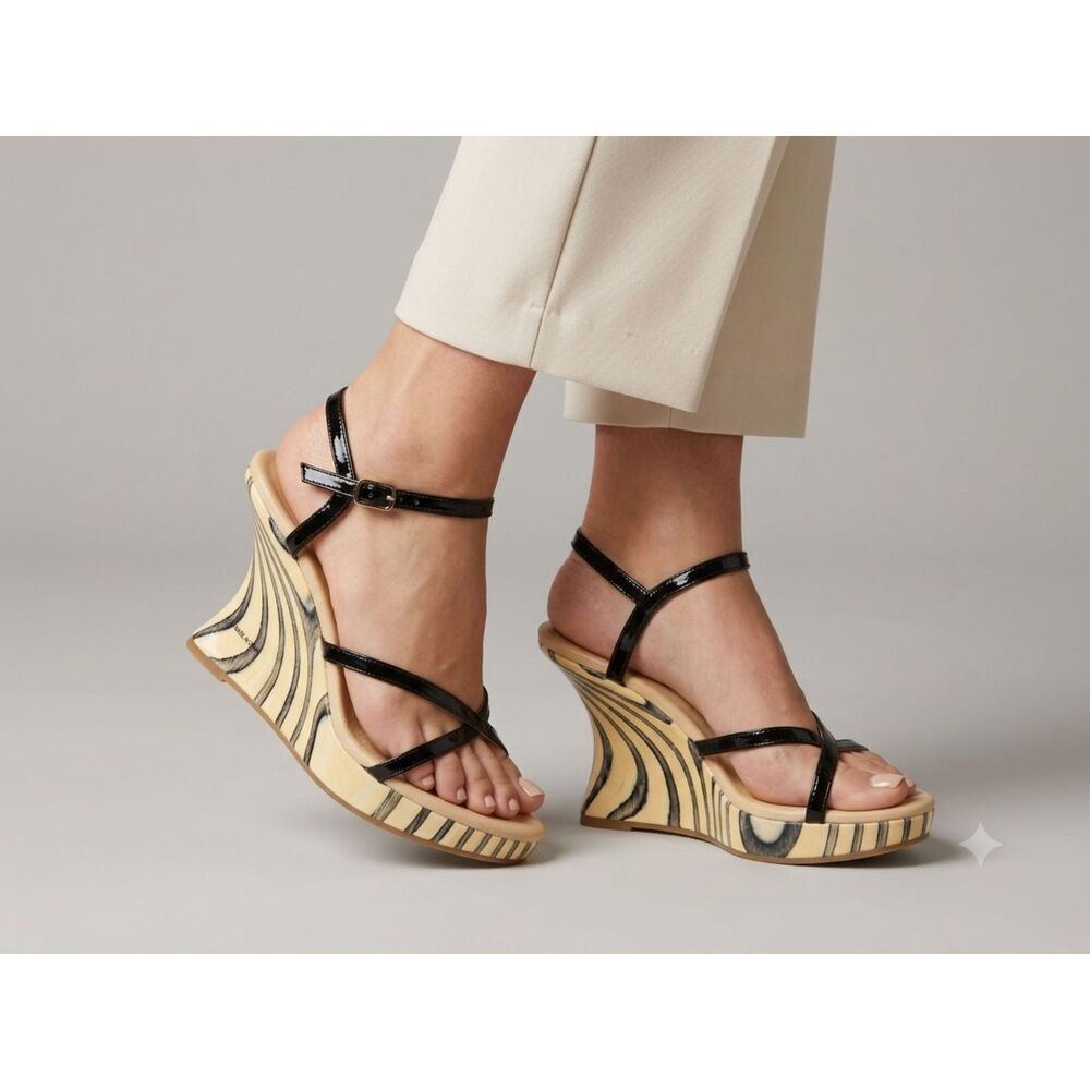 Y2K Modern Black Ankle Strap Wedges Graphic Printed Wooden Heel Sandal Size 8